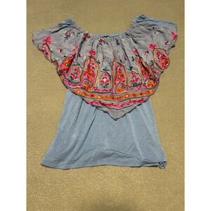 Only Nine Womens Blue Embroidered Off The Shoulder Boho Ruffle Top Large